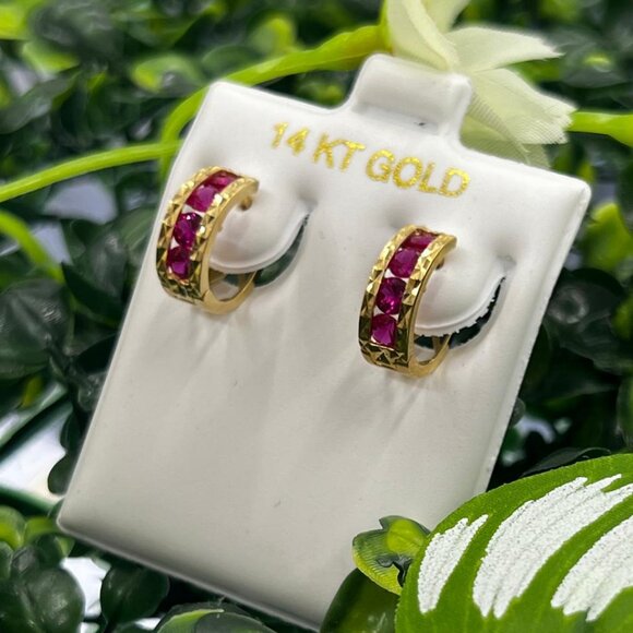14K Yellow Gold Filled Ruby Hoop Huggie Earrings 11x12mm Womens Aretes Oro Niña